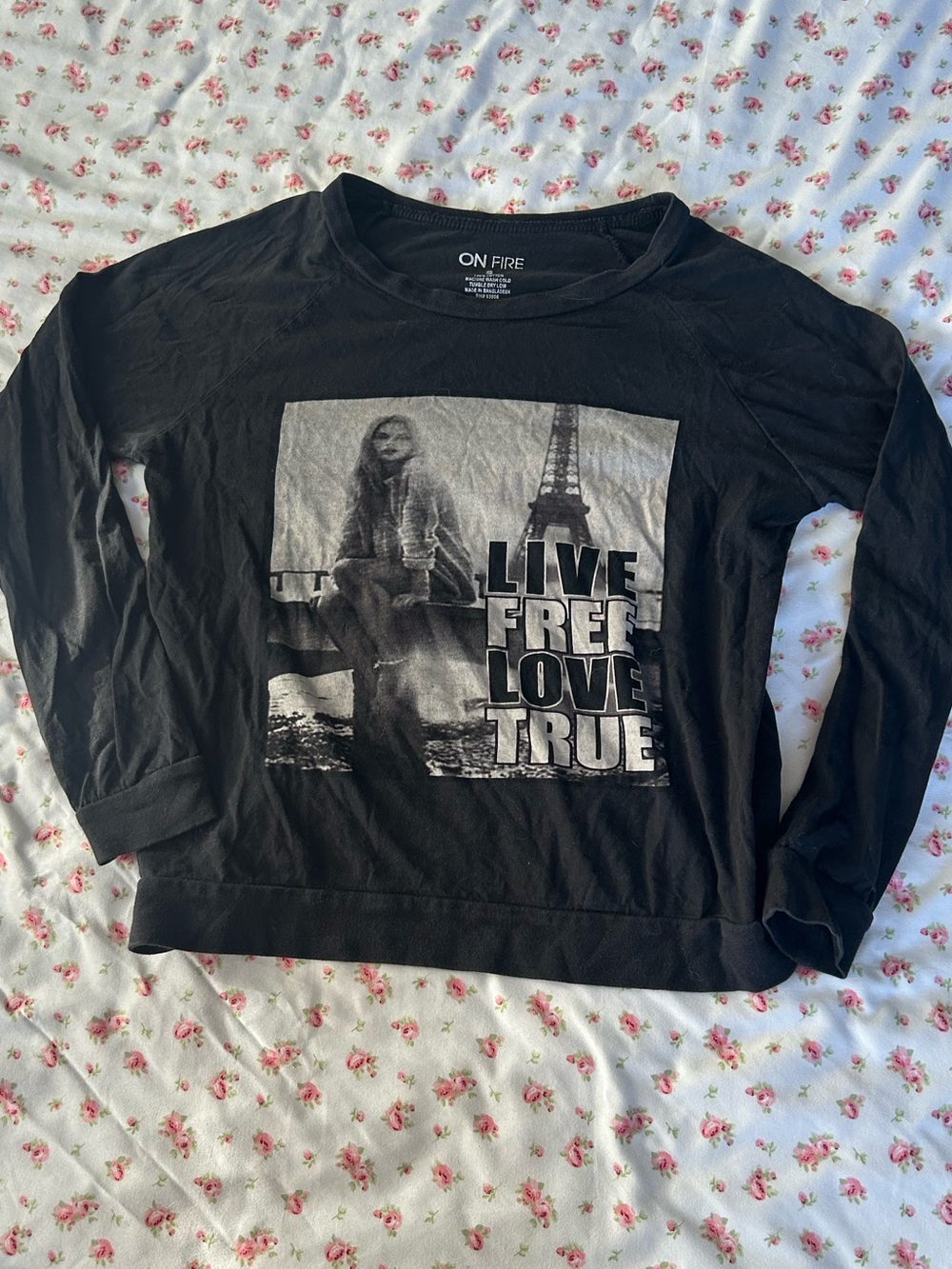 On Fire Black Long-Sleeve Graphic Tee with Monochrome Paris Print
